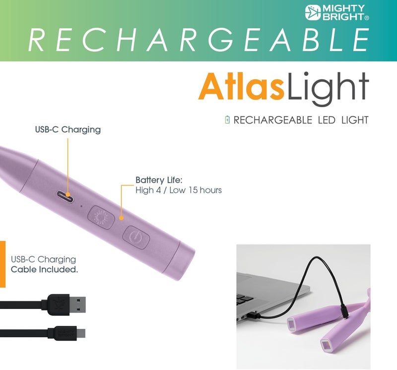 Mighty Bright Atlas Rechargeable Neck Light, 12 LED, 3 Color Temperatures, USB-C Charging Cable Included (Lavender) - Image 3